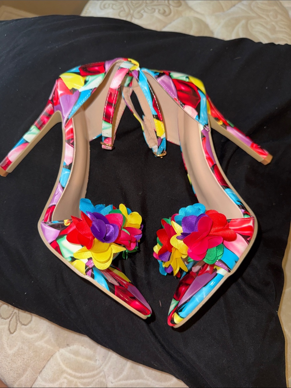 Multicolor Floral Ankle-Strap Pointed Heels - Picture 5 of 6